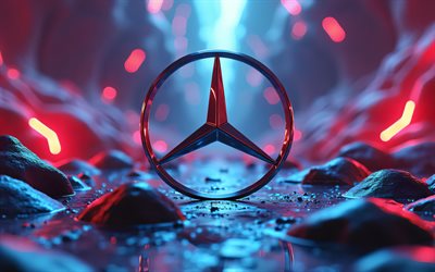 4k, Mercedes-Benz metal logo, colorful stone backgrounds, creative, cars brands, Mercedes-Benz 3D logo, bokeh, Mercedes-Benz logo, Mercedes logo, Mercedes-Benz, Mercedes