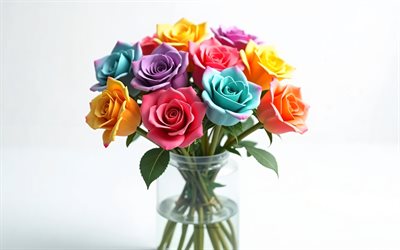 4k, bouquet rose multicolore, sfondo bianco, rose multicolore, fiori 3d, rose 3d, bouquet roses, fiori multicolori, rose, sfondo con rose multicolori, bouquet delle rose arcobaleno