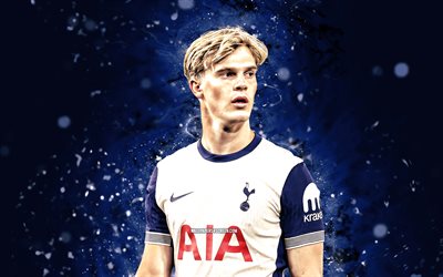 4k, lucas bergvall, yaratıcı, tottenham hotspur fc, premier lig, mavi soyut arka plan, isveçli futbolcular, mavi neon işıklar, lucas bergvall 4k, futbol, lucas bergvall tottenham hotspur
