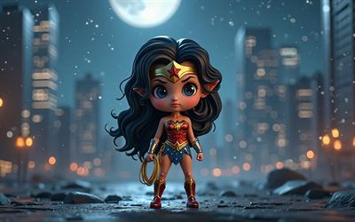 merveilleuse femme, 4k, super héros, art de chibi, bandes dessinées dc, wonder woman chibi, nuit, art 3d, wonder woman 3d, fan art, wonder woman 4k