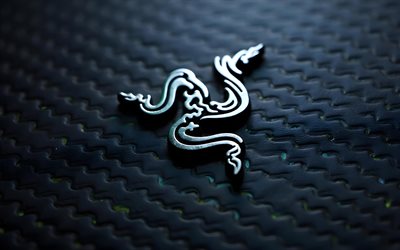 razer metal logo, 4k, grunge art, sfondi della griglia metallica, logo 3d razer, creativo, logo razer, marchi elettronici, razer, logo dei marchi