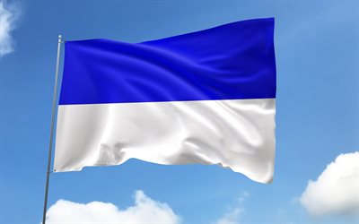 Reims flag on flagpole, 4K, French cities, blue sky, flag of  Reims, wavy satin flags, Reims flag, cities of France, flagpole with flags, Day of Reims, France, Reims