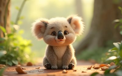 4k, netter 3d koala, cartoon 3d koala, süße tiere, koala, 3d  tiere, cartoon 3d  tiere, lustiger koala, little koala, dschungelhintergrund