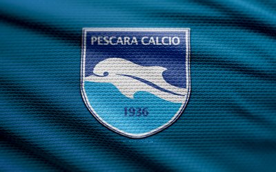 logo in tessuto pescara, 4k, sfondo in tessuto blu, serie b, bokeh, calcio, logo pescara, emblema di pescara, pescara calcio, delfino pescara 1936, club di calcio italiano, pescara fc