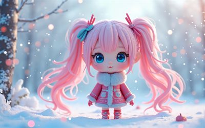 4k, Megurine Luka, winter, Vocaloid, chibi art, Luka Megurine, 3D art, Vocaloid characters, Megurine Luka chibi, Megurine Ruka, pink hair, Megurine Luka Vocaloid