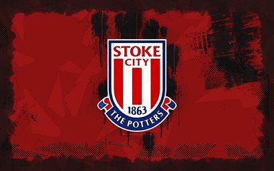stoke city fc grunge logosu, 4k, şampiyonluk, kırmızı grunge arka plan, futbol, stoke city fc amblemi, stoke city fc logosu, stoke city fc, ingiliz futbol kulübü, stoke city