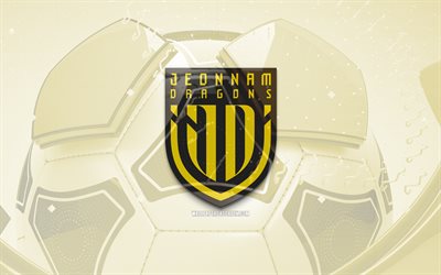 Jeonnam Dragons glossy logo, 4K, yellow football background, K League 2, soccer, Jeonnam Dragons, south korean football club, Jeonnam Dragons emblem, Jeonnam Dragons logo, Jeonnam Dragons FC