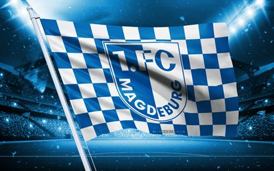 4k, FC Magdeburg logo, German football club, stadium flag, FC Magdeburg fans flag, blue white flag, FC Magdeburg emblem, Bundesliga, Germany, football, FC Magdeburg