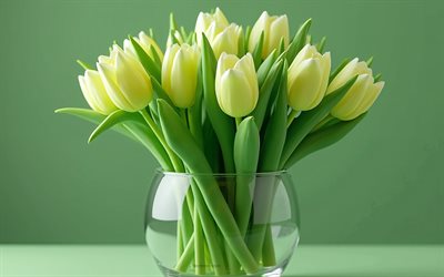4k, buquê de tulipas verdes, fundo verde, tulipas verdes, flores 3d, tulipas 3d, tulips bouquet, flores verdes, tulipas, fundo com tulipas verdes
