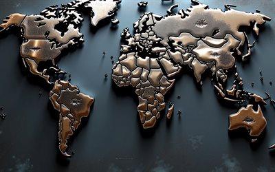 4k, خريطة العالم المعدني, خريطة عالم النحاس, خلفية خريطة العالم, خريطة العالم ثلاثي الأبعاد, مفاهيم خريطة العالم, الفن الإبداعي, خريطة العالم