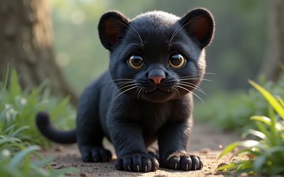 4k, mignon 3d black panther, dessin animé 3d black panther, animaux mignons, panthère noire, animaux 3d, animaux 3d de dessin animé, panther noir drôle, petite panthère noire, fond de la jungle