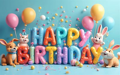 buon compleanno, 4k, sfondo blu con animali 3d, buon compleanno in 3d iscrizione colorata, arte di buon compleanno, background di compleanno, biglietto di auguri di compleanno, concetti di buon compleanno