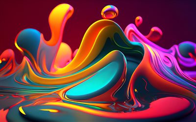 colorful paint splashes, 4k, 3D art, 3D liquid art, creative, colorful 3D waves, colorful wavy backgrounds, 3D waves, paint splashes