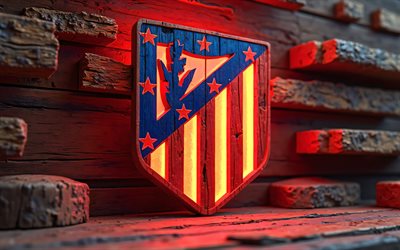 atlético del logotipo de madera de madrid, 4k, laliga, luces de neón rojo, fútbol, atlético de emblema de madrid, fútbol americano, logotipo del atlético de madrid, fondo de madera, atlético de madrid 3d logotipo, atlético de madrid, club de fútbol español, atlético de madrid fc