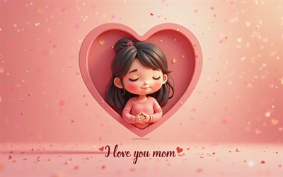 te amo inscripción mamá, 4k, madre de dibujos animados en el corazón, amor por los conceptos de mamá, arte 3d, fondo rosa, te amo mamá, feliz día de la madres
