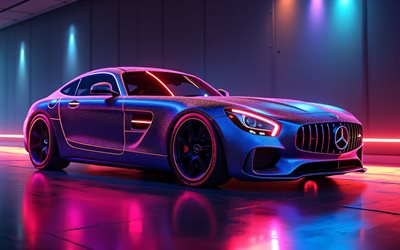 mercedes amg gt, 4k, 3d sanat, süper arabalar, renkli neon işıklar, mercedes amg gt sanat, alman arabaları, mercedes