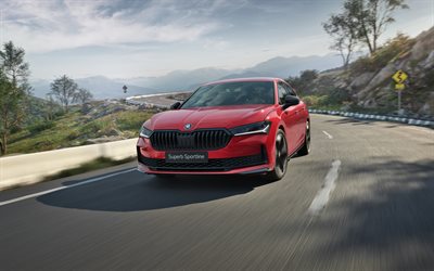 skoda superb sportline, 4k, autobahn, 2025 autos, luxusautos, red skoda superb, 2025 skoda superb, tschechische autos, skoda