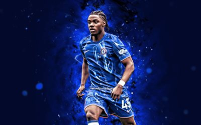 4k, Romeo Lavia, blue abstract background, Chelsea FC, Premier League, Belgian footballers, blue neon lights, Romeo Lavia 4k, football, soccer, Romeo Lavia Chelsea