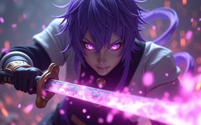 4k, kamui gakupo, guerrier, épée violette, vocaloïde, kimono, art 3d, flammes de feu violet, personnages vocaloïdes, manga, yeux violets, épée, kamui gakupo vocaloid