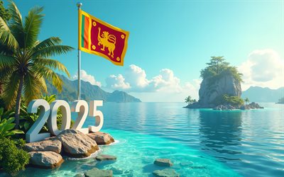 2025 Sri Lanka, 4k, Sri Lanka 2025 digits, travel to Sri Lanka 2025, 3d art, Sri Lanka islands, summer, Sri Lanka flag on flagpole, 2025 3d digits, 2025 concepts