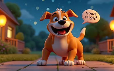 4k, gute nacht, cartoon pitbull, 3d  kunst, nacht, sommer, sprachblasen, gute nachtwünsche, haustiere, hunde, pitbull, zeichentrickhunde, gute nachtkonzepte