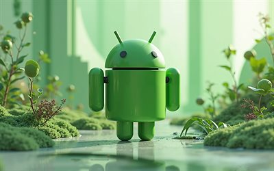 Android robot, 4k, Android logo, green creative background, Android creative 3d logo, green technology background, Android 3d logo, creative 3d art, Android