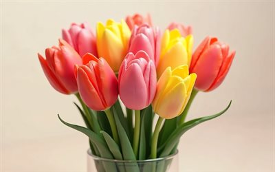 4k, buquê de tulipas coloridas, fundo rosa, tulipas coloridas, flores 3d, tulipas 3d, tulips bouquet, flores coloridas, tulipas, fundo com tulipas coloridas, tulipas rosa 3d