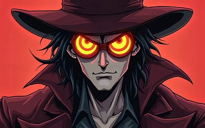 4k, Alucard, Hellsing, portrait, Hellsing manga, maroon background, Hellsing characters, japanese manga, Alucard character, Alucard Hellsing, Dorakyura, Count Dracula, Arucard