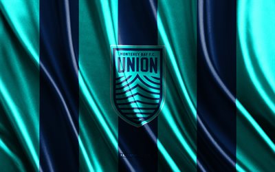 4k, logotipo de monterey bay fc, usl, textura de seda turquesa azul, bandera de monterey bay fc, equipo de fútbol americano, fútbol, bandera de seda, monterey bay fc emblema, eeuu, insignia de monterey bay fc, monterey bay fc