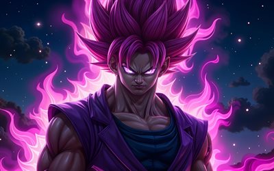 4k, super saiyan rose, llamas de fuego púrpura, goku burakku, arte 3d, bola de dragón de goku negro, antagonista, bola de dragón, son goku black, dragon ball super, dbs, personajes de dbs, supa saiya jin roze, dbs negro goku, goku negro