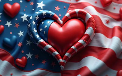 I Love USA, 4k, silk wavy background, 3D art, creative, Day of USA, flag of USA, heart with ameican flag, 3D hearts, american flag, USA, Love for USA, US flag