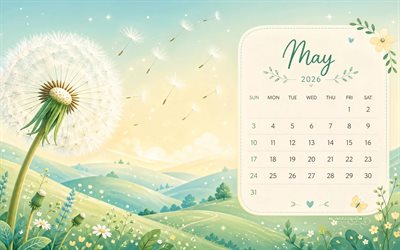 4k, kalender mai 2026, abstrakte landschaft, löwenzahn, wiesen, cartoon natur, mai 2026, frühlingskalender, frühling, mai kalender, kalender 2026, mai