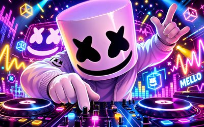4k, cartoon dj marshmello, 3d kunst, dj konsole, christopher comstock, musikstars, beliebte sänger, dj marshmello, amerikanischer dj, superstars, marshmello, djs, marshmello 4k