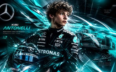kimi antonelli, 4k, fondo digital turquesa, equipo mercedes amg petronas f1, fórmula 1, pilotos de carreras italianos, fan art, kimi antonelli 4k, fórmula uno, f1, kimi antonelli mercedes amg