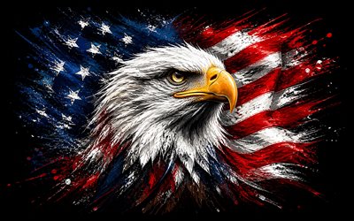 4k, pygargue à tête blanche, drapeau américain, fond noir, drapeau des états unis, oiseaux de proie, symbole des états unis, art du pygargue à tête blanche, 4 juillet, oeuvre d'art, aigles, usa, quatrième juillet