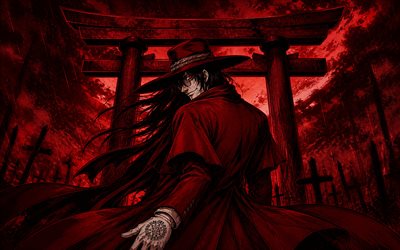 4k, alucard, noite, portão torii, inferno, capa de chuva vermelha, fundo abstrato vermelho, conde drácula, torii, mangá, dorakyura, mangá infernal, personagem de alucard, arte de alucard, personagens infernais, alucard hellsing