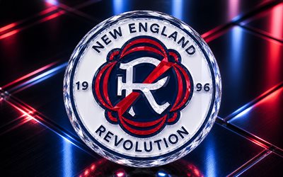 logotipo de la revolución de nueva inglaterra, fondo metálico azul, emblema de la revolución de nueva inglaterra, signo de cristal de la revolución de nueva inglaterra, mls, eeuu, fútbol americano, fútbol, revolución de nueva inglaterra