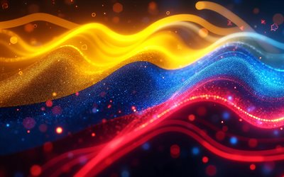 4k, bandera resplandeciente de colombia, bokeh, arte digital, fondo abstracto oscuro, bandera de colombia en el asta de la bandera, rayos de neón, bandera de colombia, bandera colombiana, bandera abstracta de colombia, bandera 3d de colombia, colombia