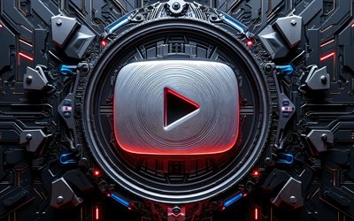 4k, youtube metal düğmesi, karanlık, metal 3d arka plan, yaratıcı, bokeh, youtube metal logosu, sosyal ağ, markalar, youtube 3d logosu, sanat eseri, youtube logosu, youtube
