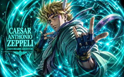 cäsar anthonio zeppeli, 4k, türkisfarbener abstrakter wirbel, jojos bizarre, manga, türkisfarbener abstrakter hintergrund, shiza antonio tseperi, jojos bizarre charaktere, caesar anthonio zeppeli jojos bizarre