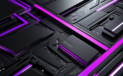 4k, fond noir violet, conception matérielle, lignes violettes, textures 3d, oeuvre d'art, art du métal, géométrie, arrière plans abstraits, arrière plans géométriques, abstractions, arrière plans abstraits noirs