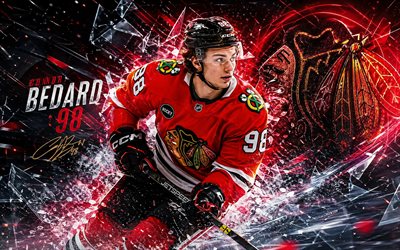 connor bedard, 4k, kırmızı dijital arka plan, chicago blackhawks, nhl, hokey, connor bedard'ın 4k'sı, chicago blackhawks'ın logosu, hayran sanatı, connor bedard chicago blackhawks