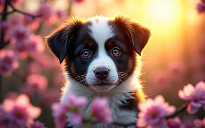 4k, chiot border collie, coucher de soleil, printemps, fleur de cerisier, chiens, animaux mignons, chiots, animaux de compagnie, border collie, bokeh, fleurs de printemps, chien border collie