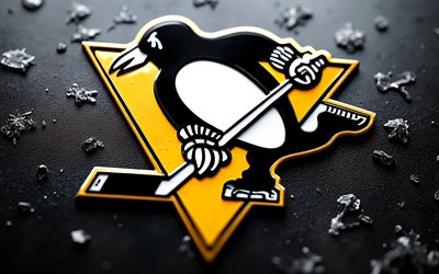 logo en métal des penguins de pittsburgh, 4k, fond de métal noir, lnh, logo des penguins de pittsburgh, art du métal, emblème des penguins de pittsburgh, usa, pingouins de pittsburgh, hockey