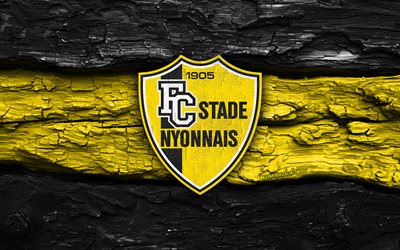شعار fc stade nyonnais الخشبي, 4k, خلفية خشبية صفراء سوداء, دوري التحدي, كرة القدم, شعار نادي ستاد نيوني, نادي ستاد نيوني, نادي كرة القدم السويسري, ستاد نيوني إف سي