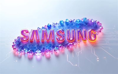 samsungin violetti vaaleanpunainen hehkuva logo, 4k, samsung pinkki kyltti, samsung logo, samsungin vaaleanpunainen merkki, samsung, valkoinen teknologia tausta