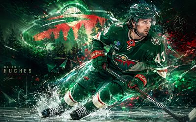 クイン・ヒューズ, 4k, 緑のデジタル背景, ミネソタ ワイルド, nhl, ホッケー, クイン・ヒューズ 4k, ミネソタ ワイルドのロゴ, ファンアート, クイン・ヒューズ ミネソタ・ワイルド
