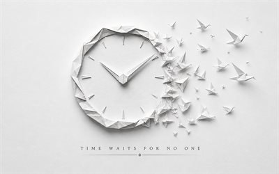 Time Waits for No One, 4K, white paper background, time quotes, origami art, clock, Time Waits for No One concepts, motivation