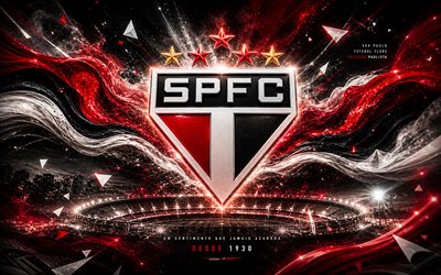 Sao Paulo FC, 4k, Brazilian football club, Sao Paulo FC logo, football art, black abstract background, Sao Paulo FC emblem, Brazilian Serie A, football, Brazil, SPFC