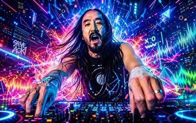 steve aoki, 4k, concierto, fondo digital azul, dj americano, estrellas de la musica, consola de dj, electroerosión, superestrellas, steve hiroyuki aoki, celebridad americana, arte de steve aoki, dj popular, steve aoki 4k